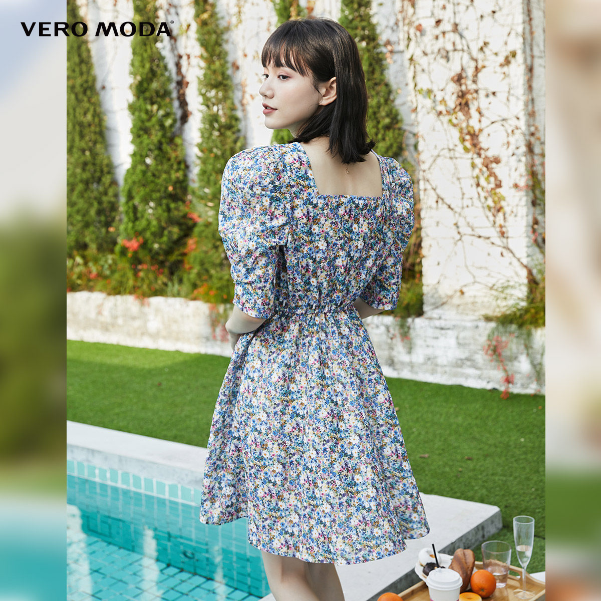 veromoda2021春夏新款复古古方泡泡碎花连衣裙321261027连衣裙