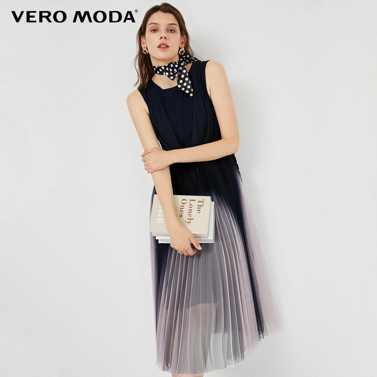 veromoda春夏新款名媛立体压褶薄纱渐变气质连衣裙