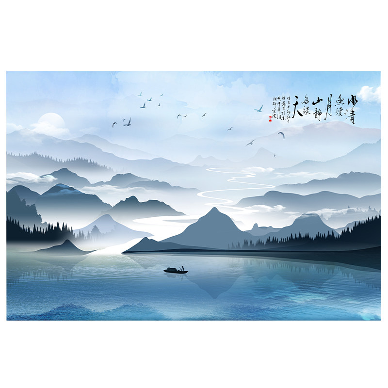 贴纸贴画自粘中国国风客厅墙面山水风景画书房墙贴