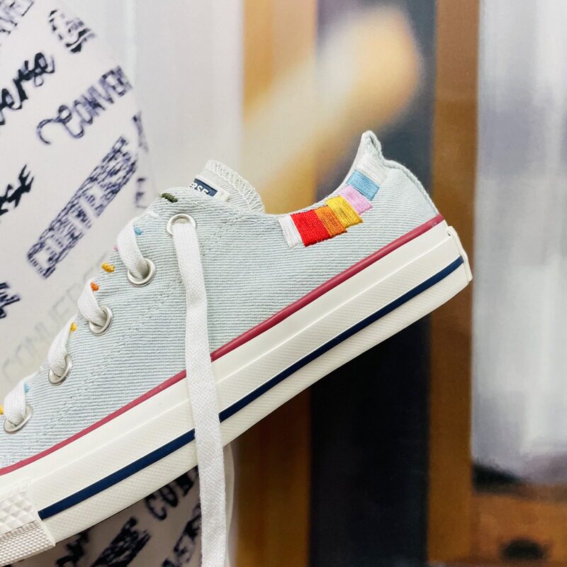 匡威allstar彩虹刺绣浅蓝纯色女子高低帮帆帆布鞋