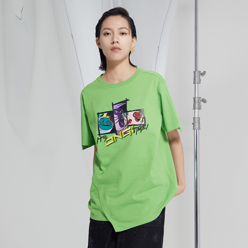 纯棉mecityt恤女夏季个性印花图案不对称设计短袖t恤