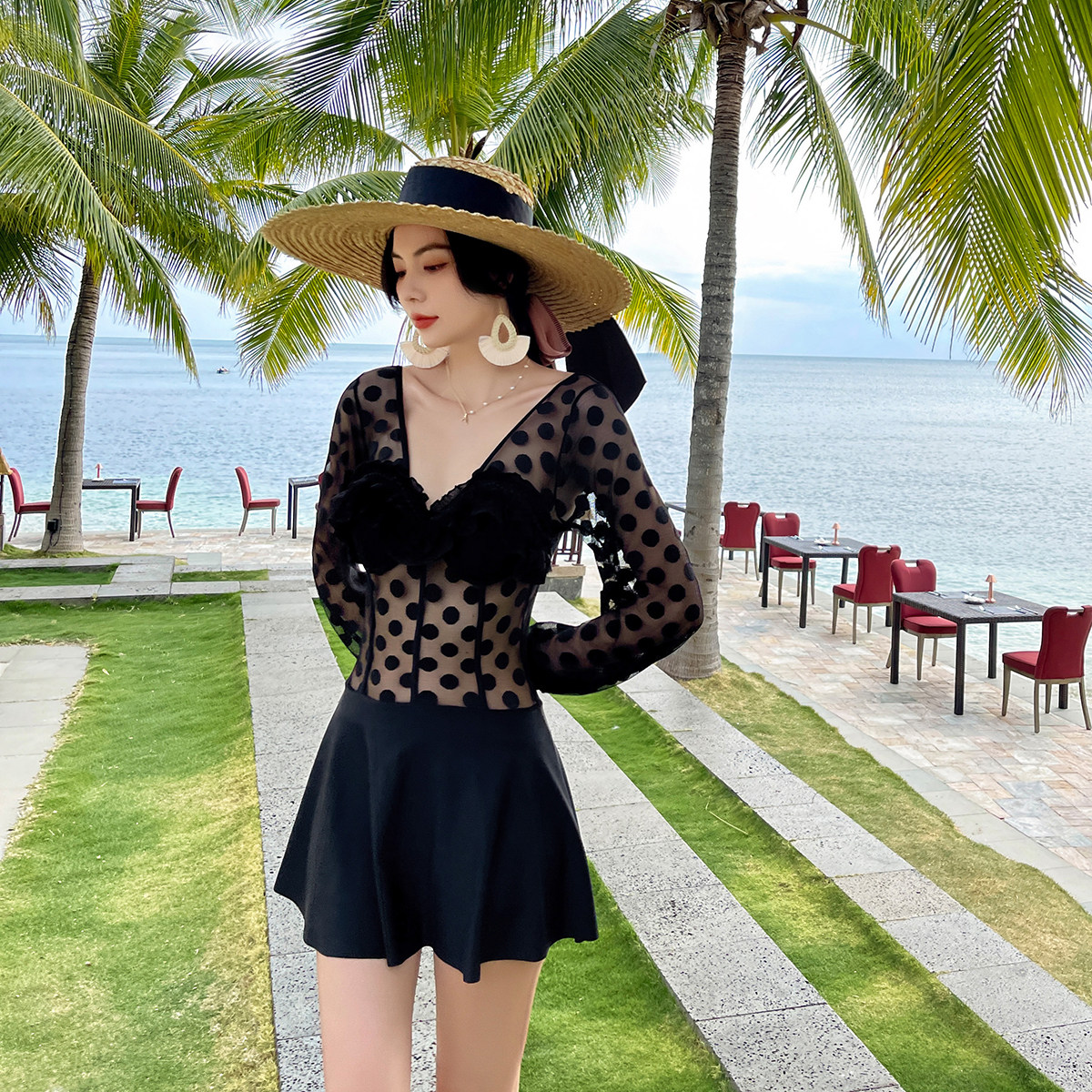 泳衣比基尼薄纱显瘦性感露背裙式夏季小胸聚拢比基尼