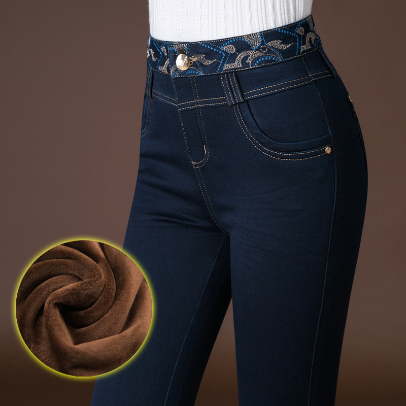 2020冬季新款加绒加厚牛仔裤女士高腰直筒裤外穿中年妈妈裤子秋冬