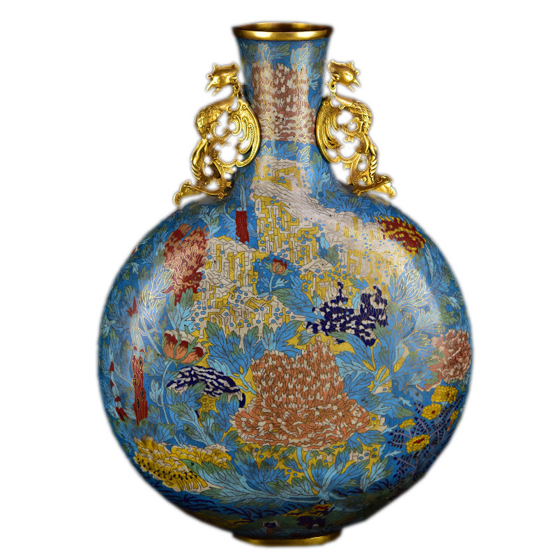 北京珐琅景泰蓝花瓶23寸双凤牡丹抱月瓶铜胎掐丝景泰蓝