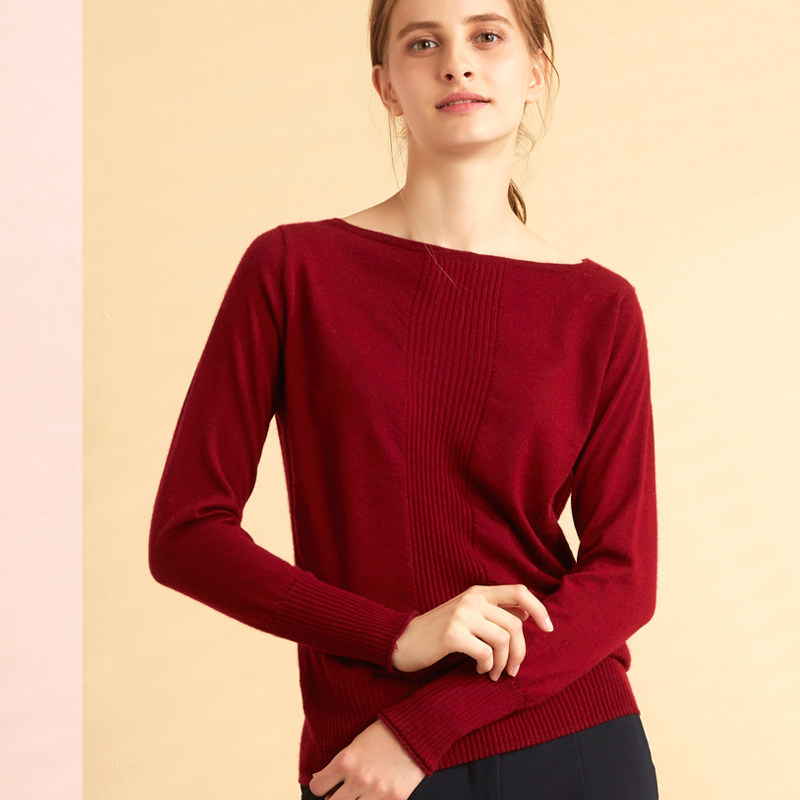 天山羊绒冬季新品纯羊绒针织衫一字领薄款羊绒衫保暖打底衫毛衣女