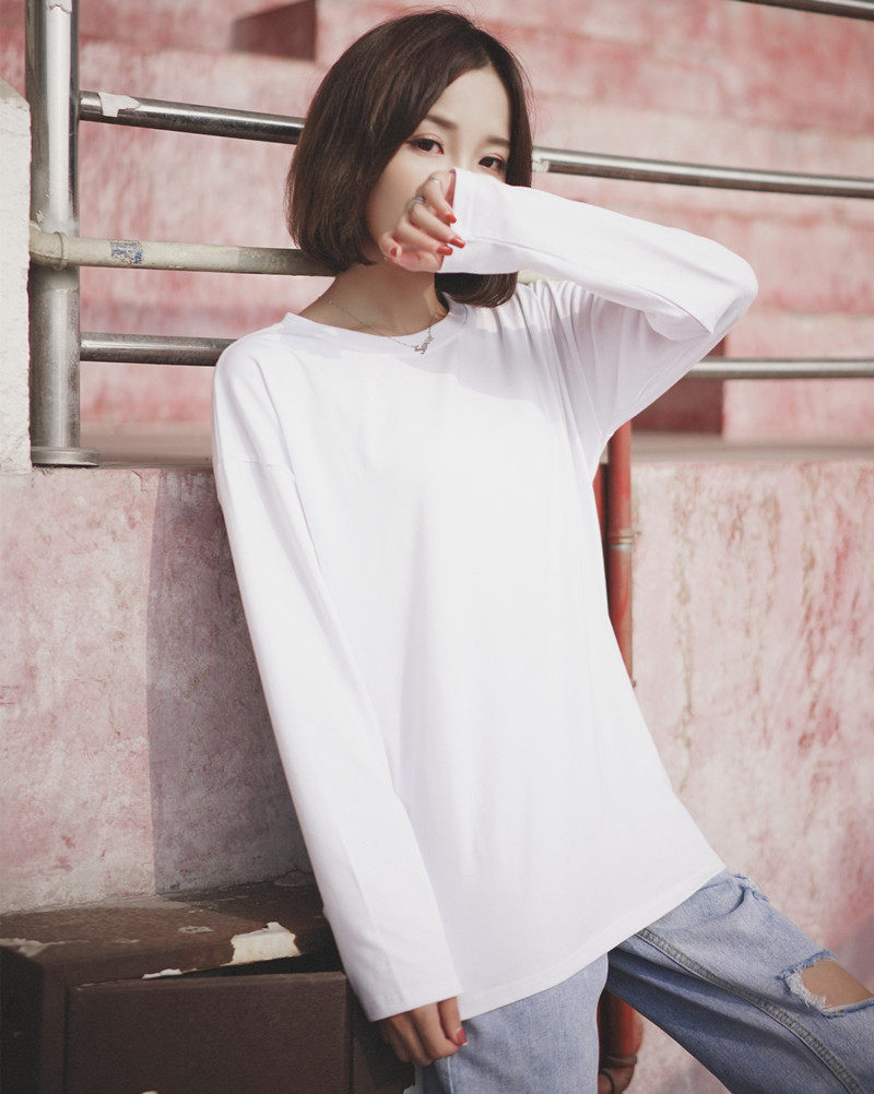 帛卡琪秋冬打底衫宽松长袖纯色体恤上衣原宿百搭学生纯棉白t恤女