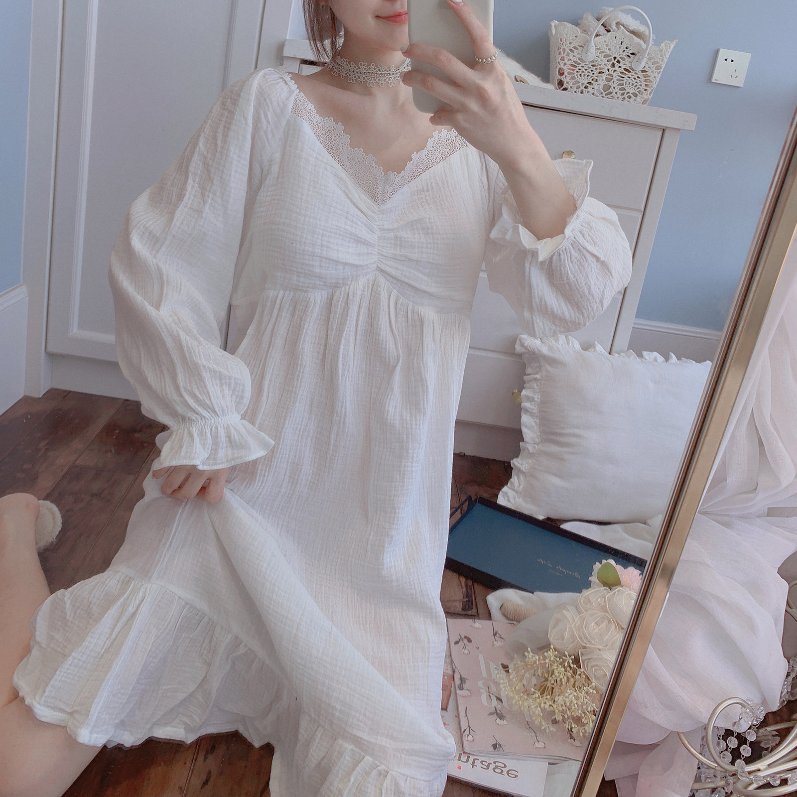 韩国带胸睡衣长袖夏季白色春秋宫廷公主纯棉睡裙
