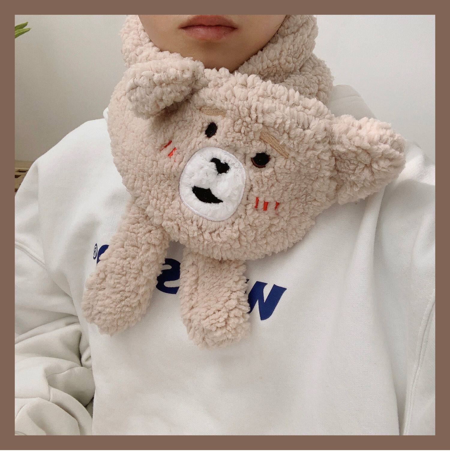 少女心放映室 刺绣小熊冬季加厚围巾 日系可爱卡通毛绒围脖男女生