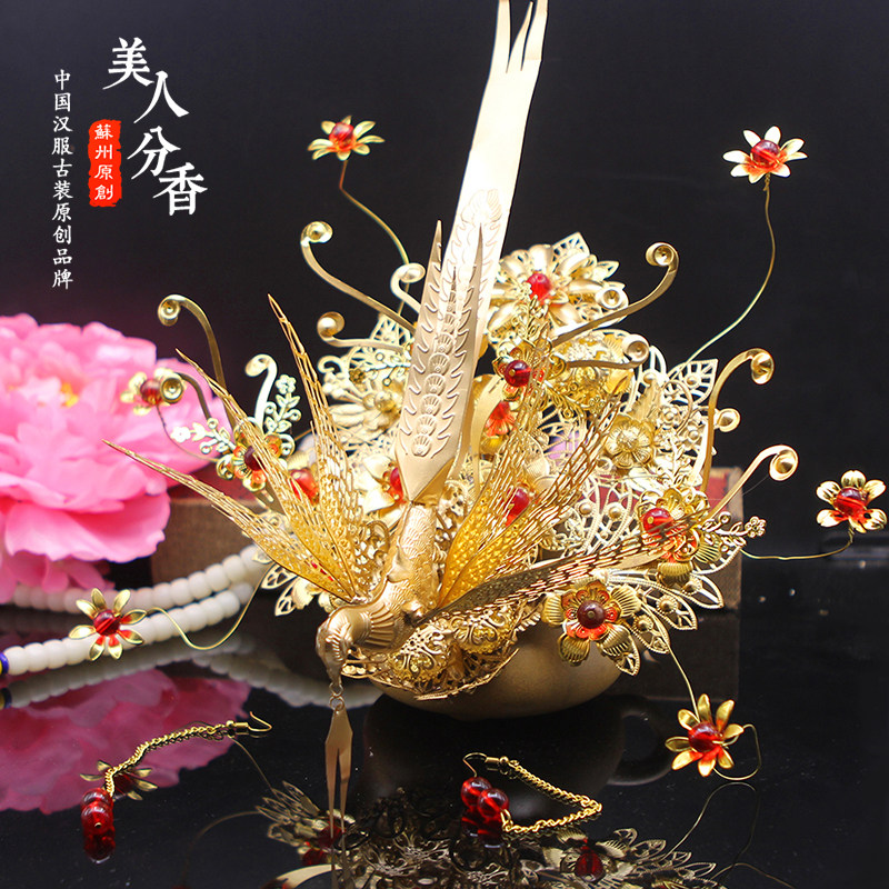 古风汉服服饰品发饰凤凰凤冠金色新娘饰品原创发饰