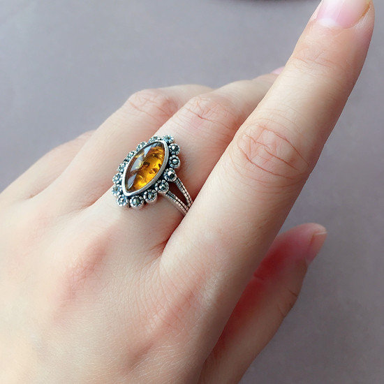 时光马克戒指瑰宝银花纯银琥珀天然进口波兰手饰