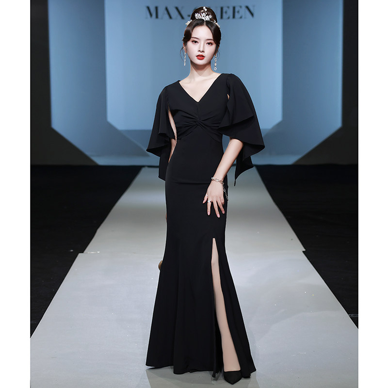高端宴会晚礼服女2021新款气质年会黑色开叉轻奢小众设计感鱼尾裙
