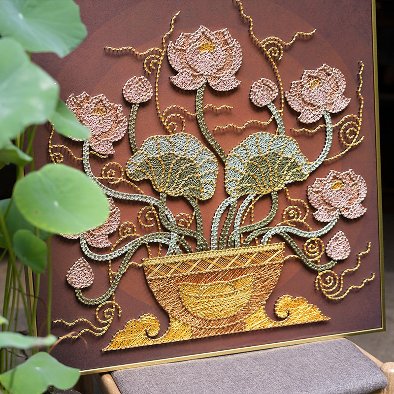 弦丝画荷气生财diy手工手工制制作绕线钉子画送diy