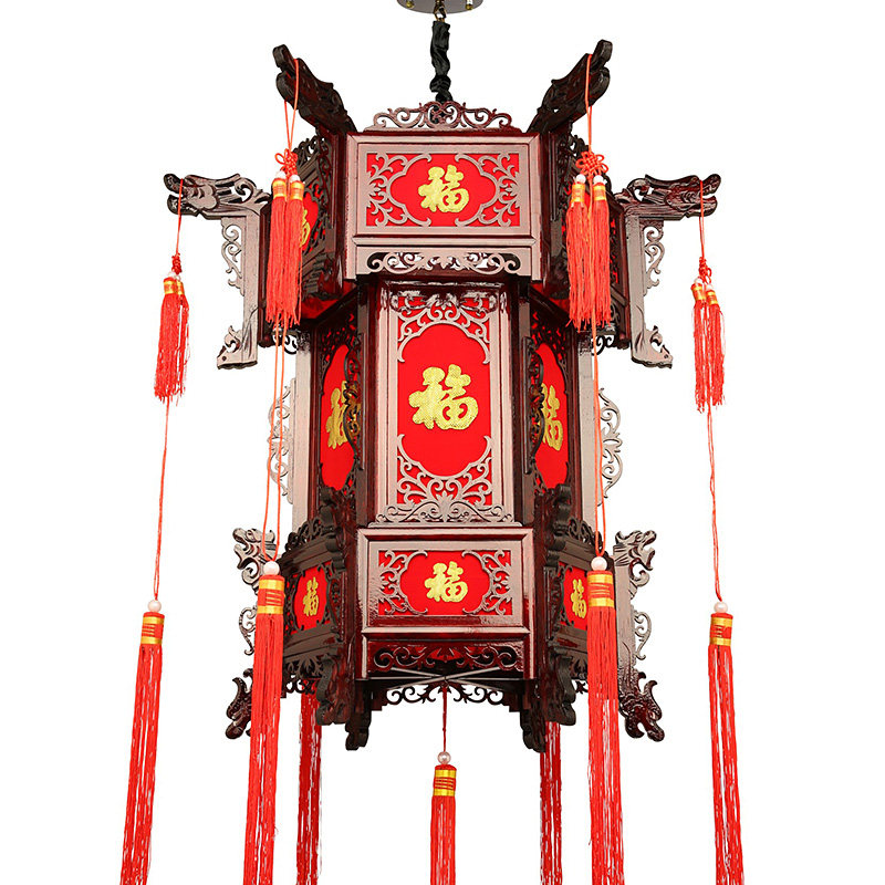 实木仿古宫灯六角红布灯笼古典福字喜庆木质灯笼