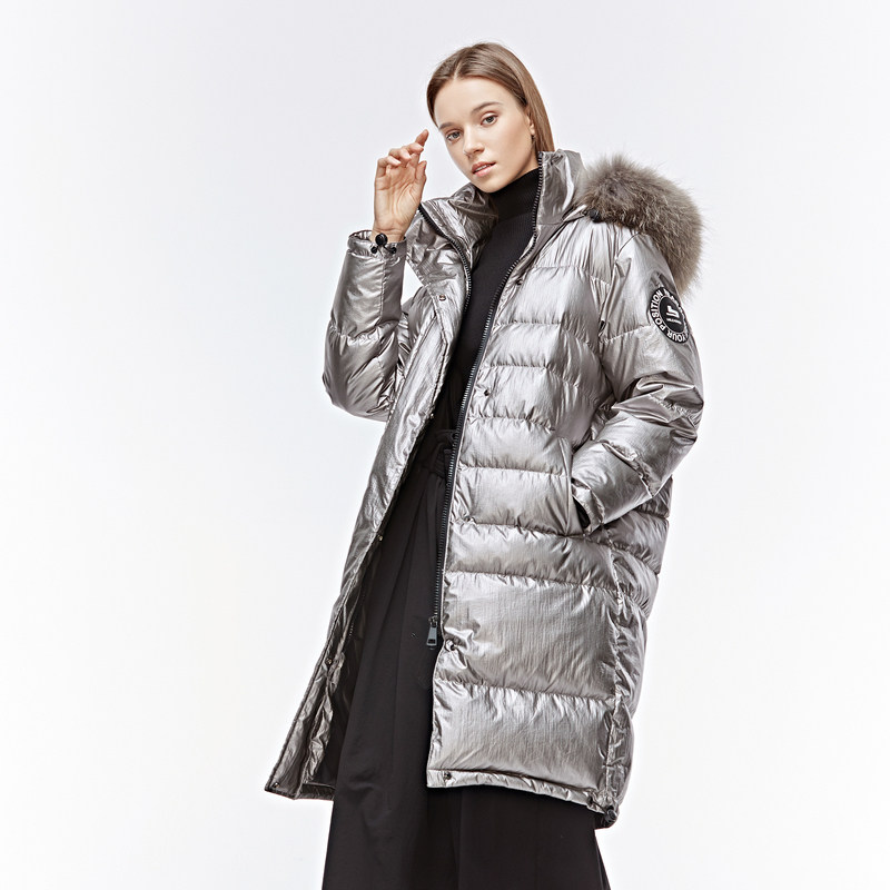 sdeer迪奥女装高领连帽字母贴布插袋羽绒服