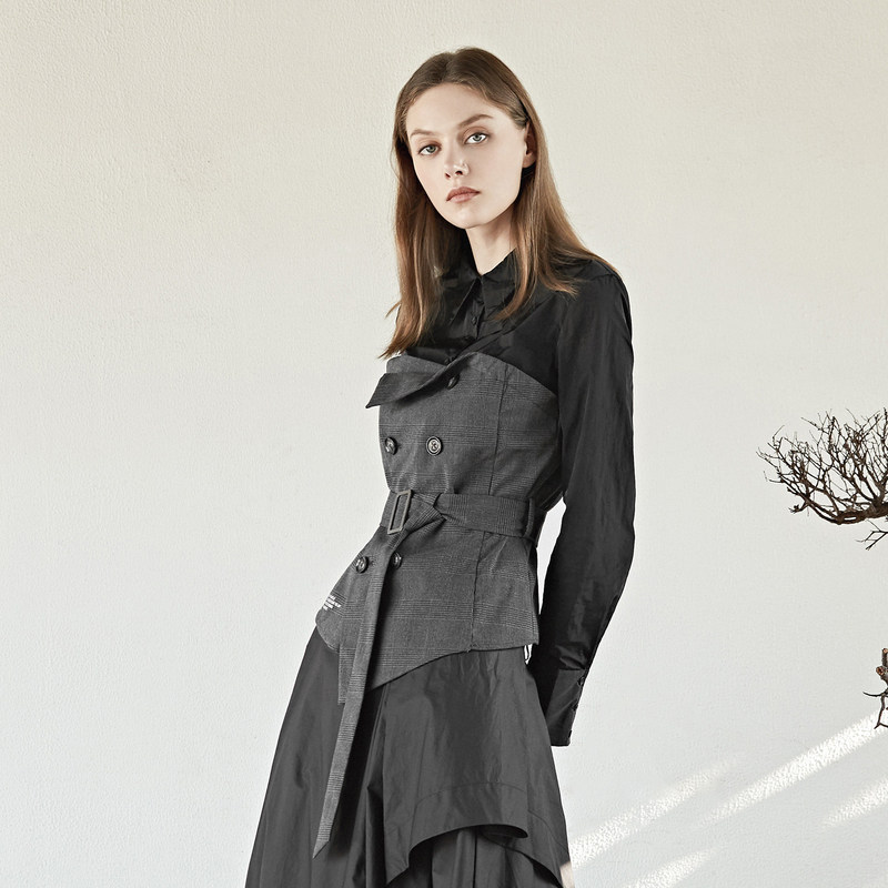 sdeer圣迪奥2020秋装新品女格纹拼接不规则收腰长袖衬衫s19360506