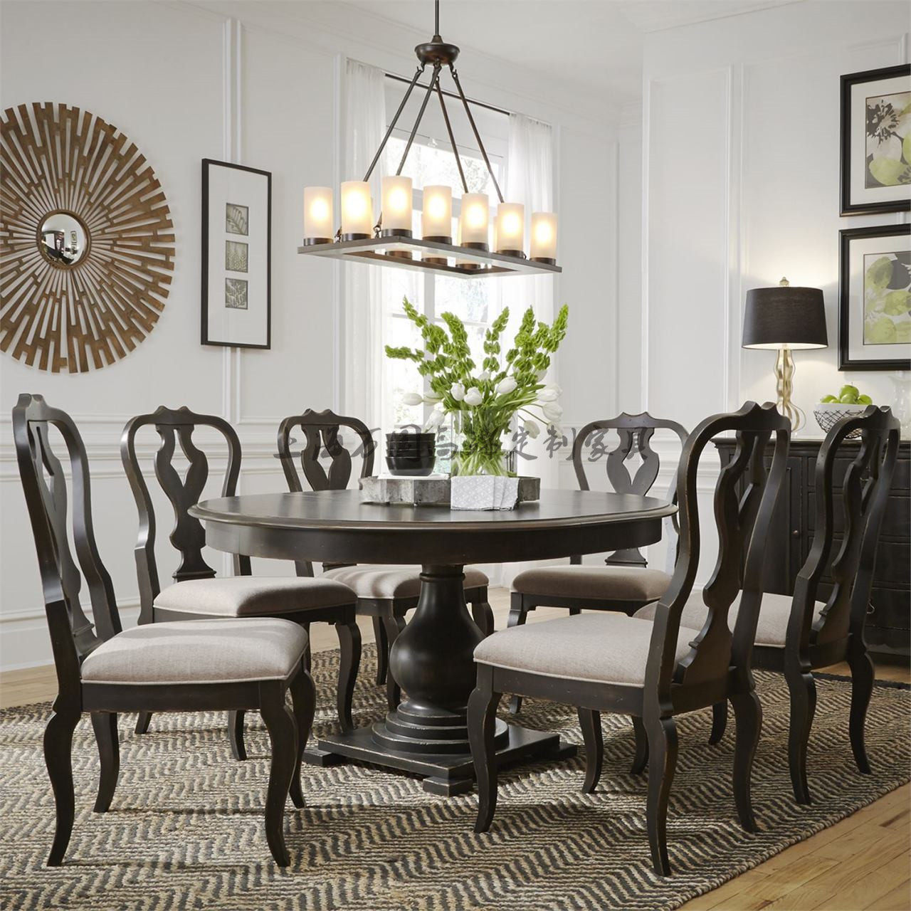 餐桌美式复古实木轻奢简约做旧餐椅组合餐边柜餐桌椅餐边柜