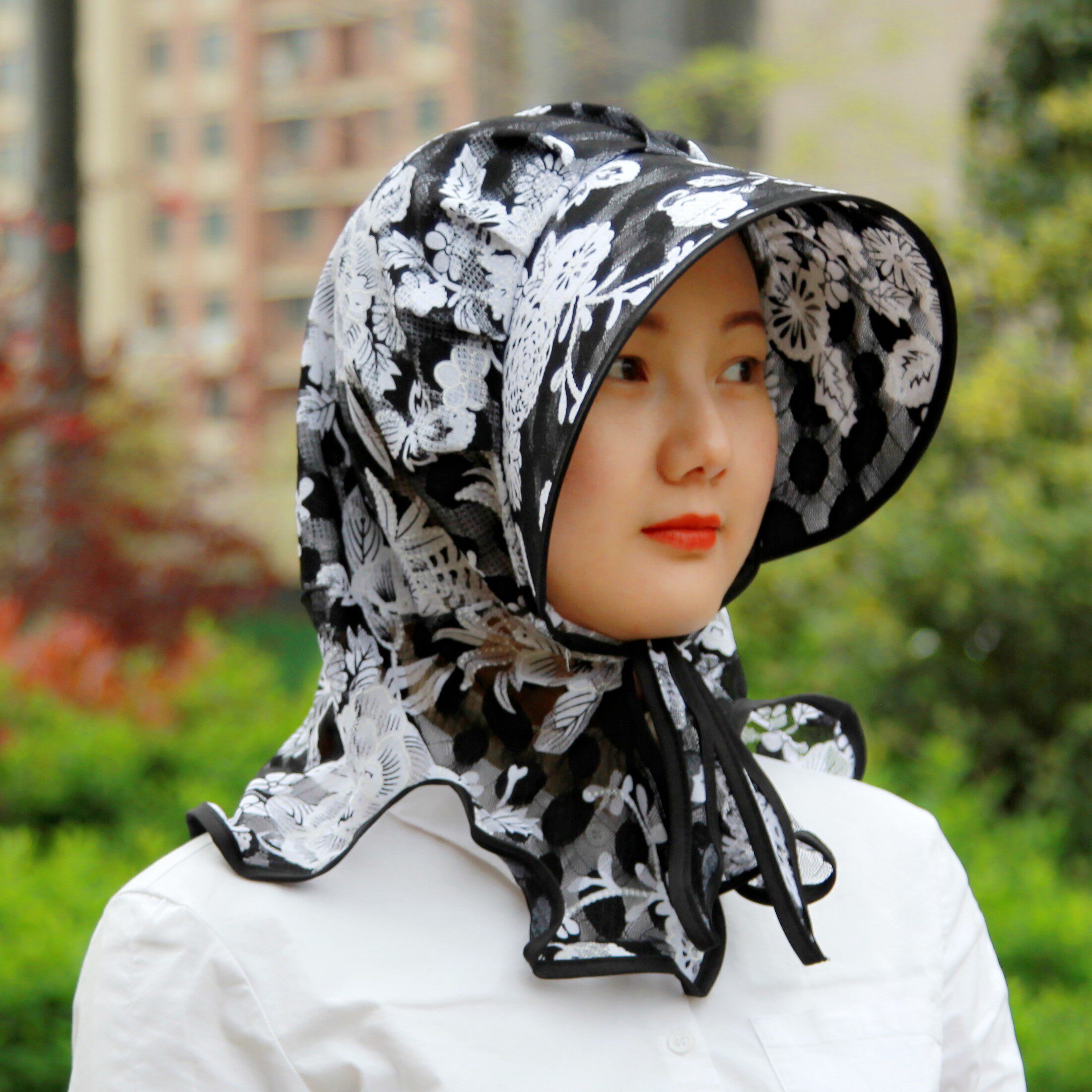 采茶帽遮阳帽子女春夏韩版可折叠骑车蕾丝太阳帽防晒户外大沿凉帽