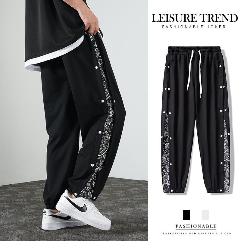 排扣裤子男士运动裤宽松直筒夏季薄款潮牌篮球腰果花束脚休闲长裤