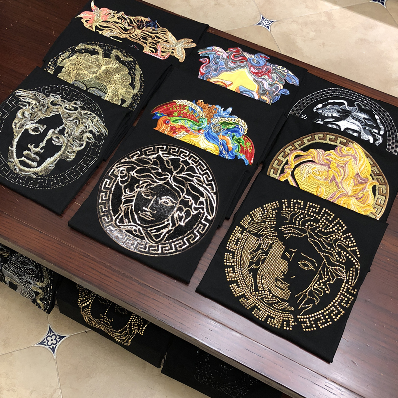 欧洲站美杜莎网红潮牌丝光棉刺绣烫钻男士修身短袖t恤半袖打底衫