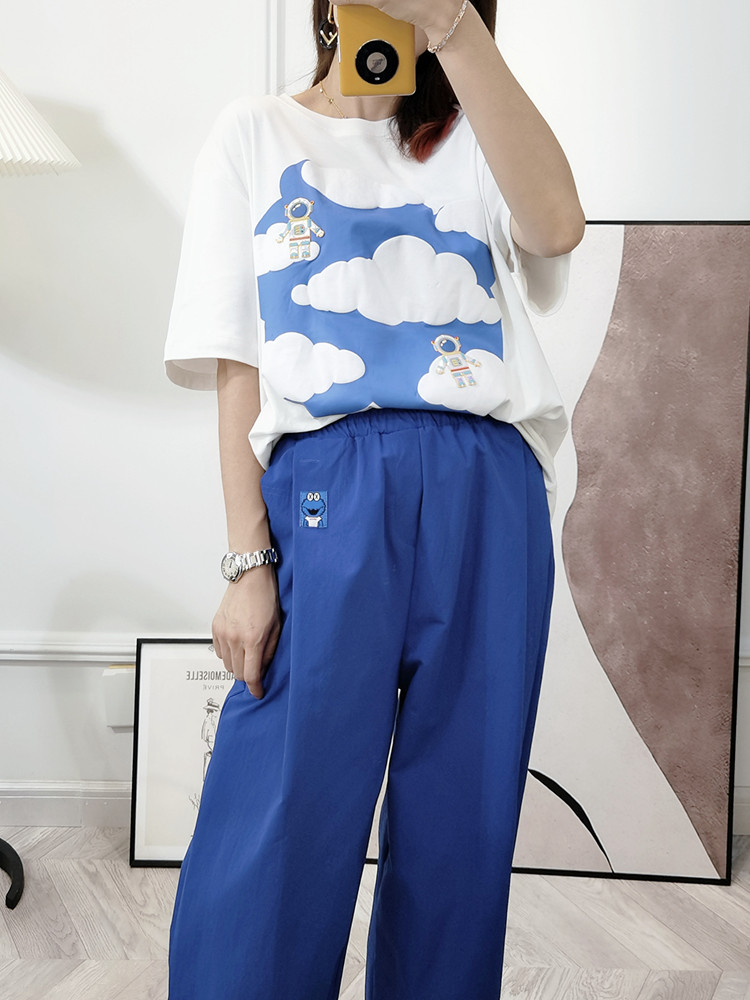 女装天空袖上衣服短袖休闲图案太空人夏季宽松t恤