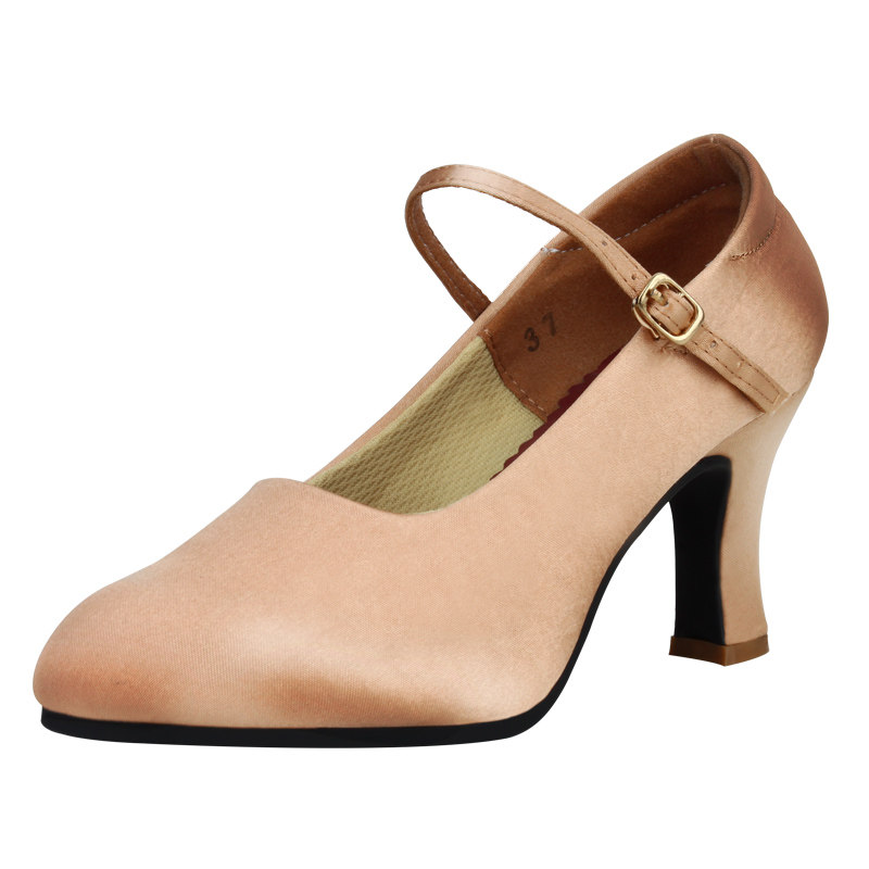 舞鞋拉丁拉丁舞女士中跟高跟专业华尔兹缎面软底摩登舞鞋