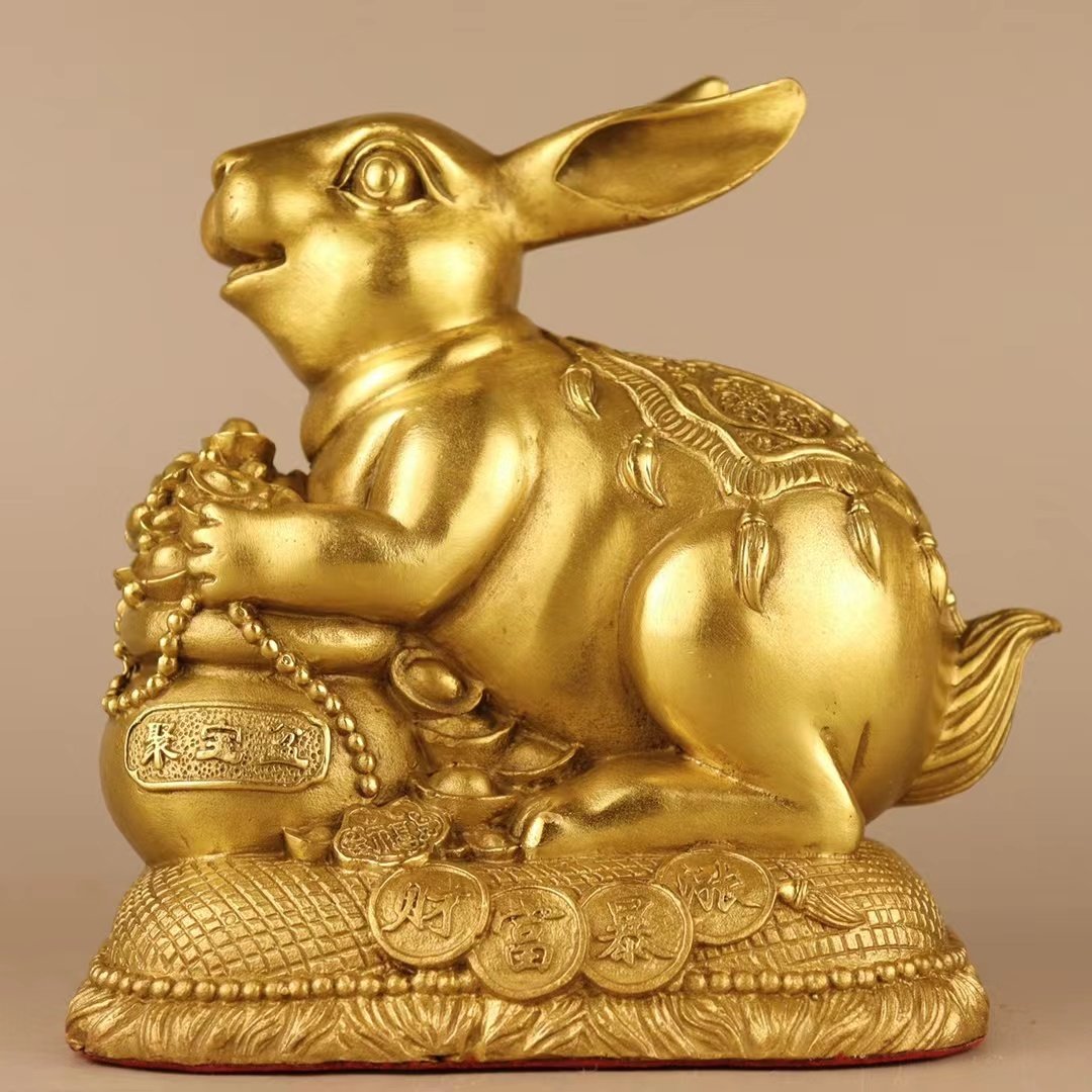 黄铜聚宝盆存钱兔子摆件生肖钱袋兔家家居办公室装饰摆件