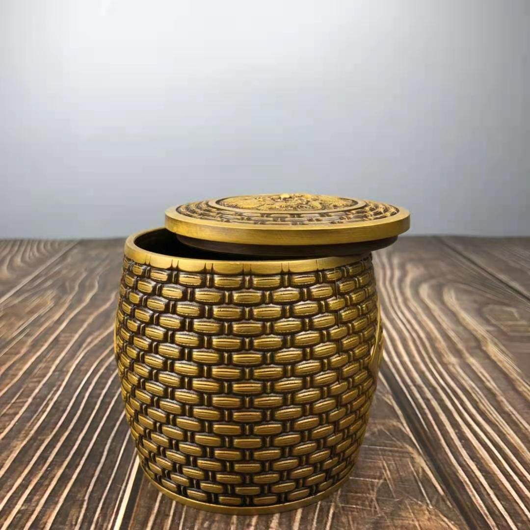福字罐纯铜竹编图案五谷丰登粮仓金斗储物收纳双龙摆件