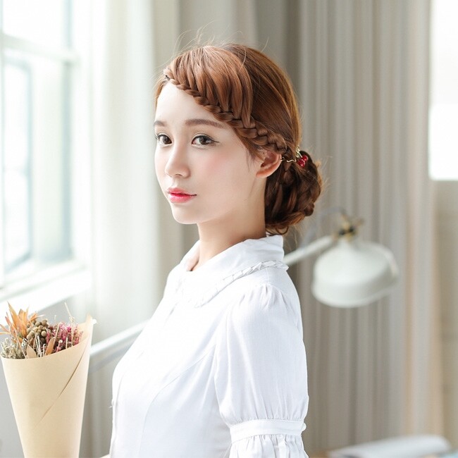 鱼骨麻花麻花辫辫子刘海假发女斜留流海无痕复古发饰