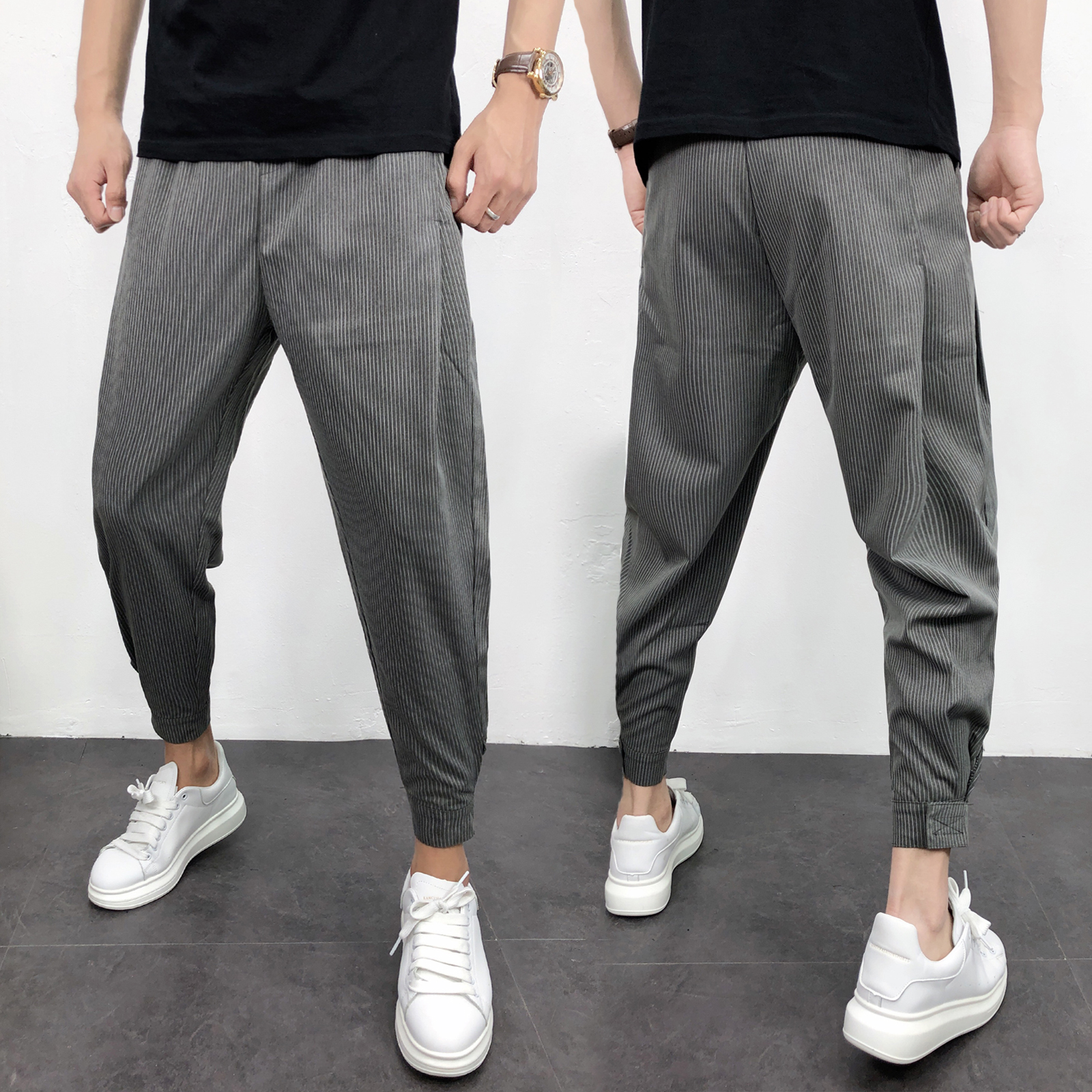 春秋垂感西裤男百搭九分裤宽松精神小伙韩版潮流哈伦休闲条纹裤男