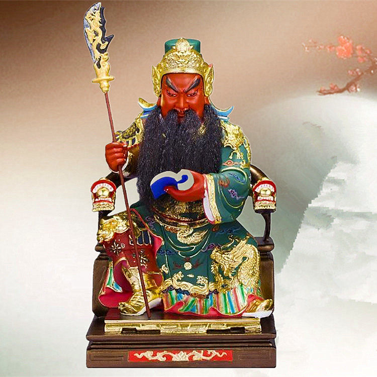 关公16寸关帝佛像摆件绿袍坐开文武木纹镇武财神摆件