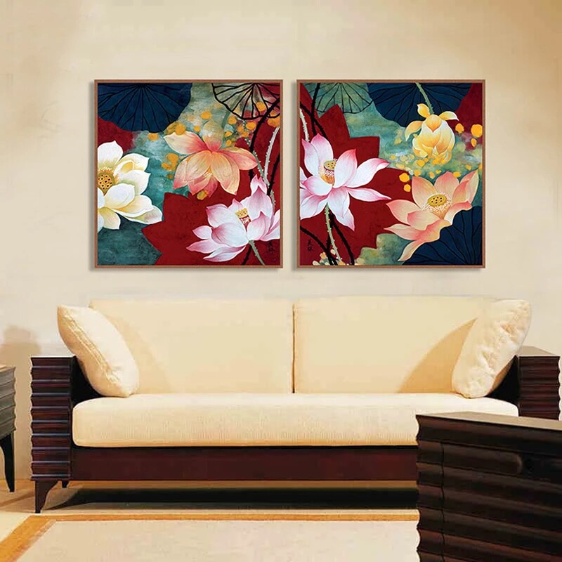 荷花手工十字绣二联画油画新款花卉客厅餐厅幽香十字绣套件