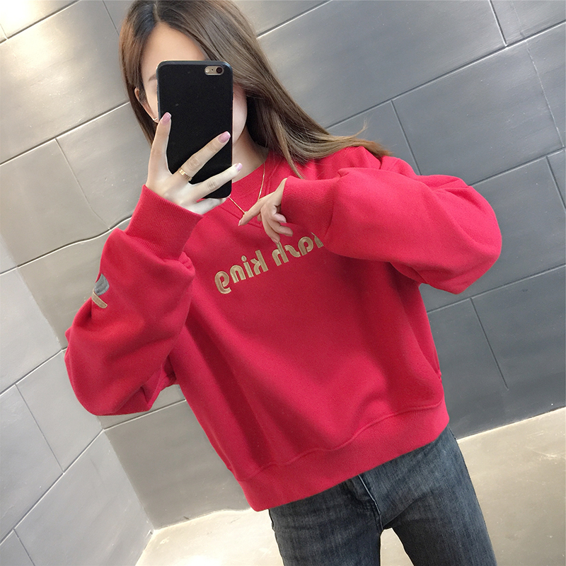 卫衣女小个子洋气减龄2022年新款秋冬加绒加厚红色本命年虎年上衣