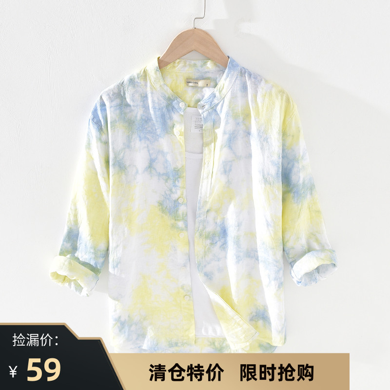 很仙的印花亚麻七分袖男衬衫宽松上衣韩版小立领休闲麻料半袖衬衣