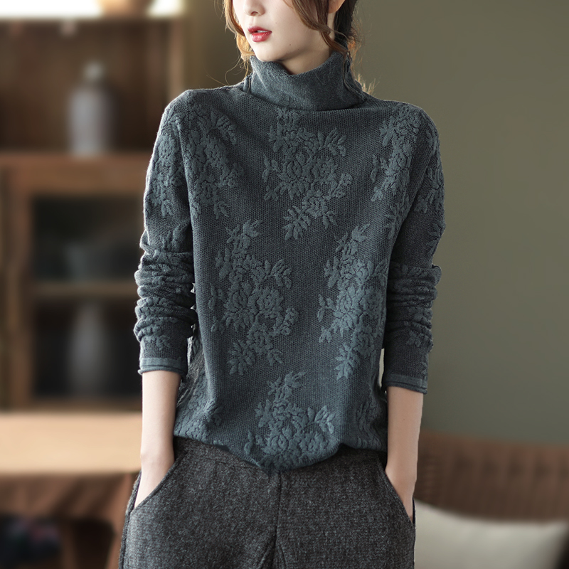 新款复古亮丝提花上衣女士高领水晶包芯纱毛衣套头打底衫针织内搭