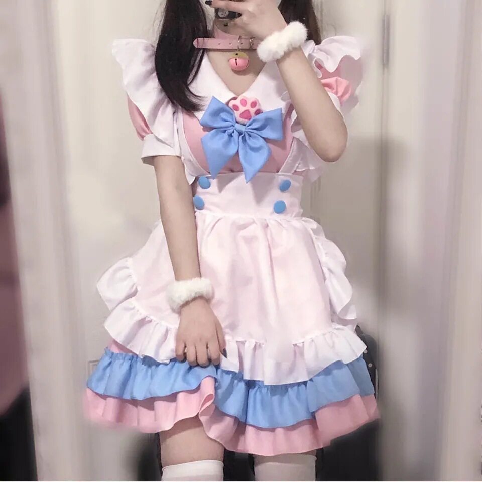 超萌粉蓝女仆服装cosplay日常可爱软妹lolita女装连衣裙