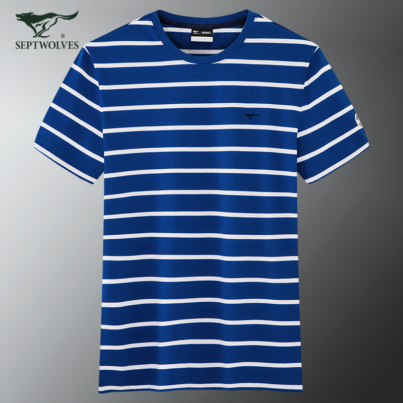 七匹狼条纹t恤男短袖品牌新款丝光棉潮流休闲T恤衣服圆领半袖体恤