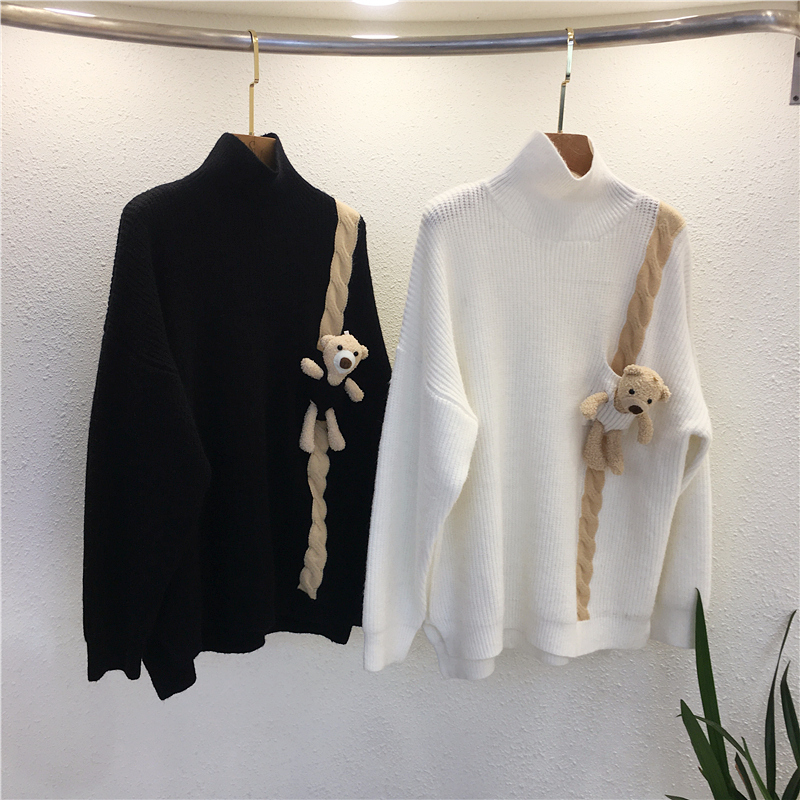 设计感秋冬半高领毛衣男宽松潮流长袖百搭小熊针织衫毛线衫小清新