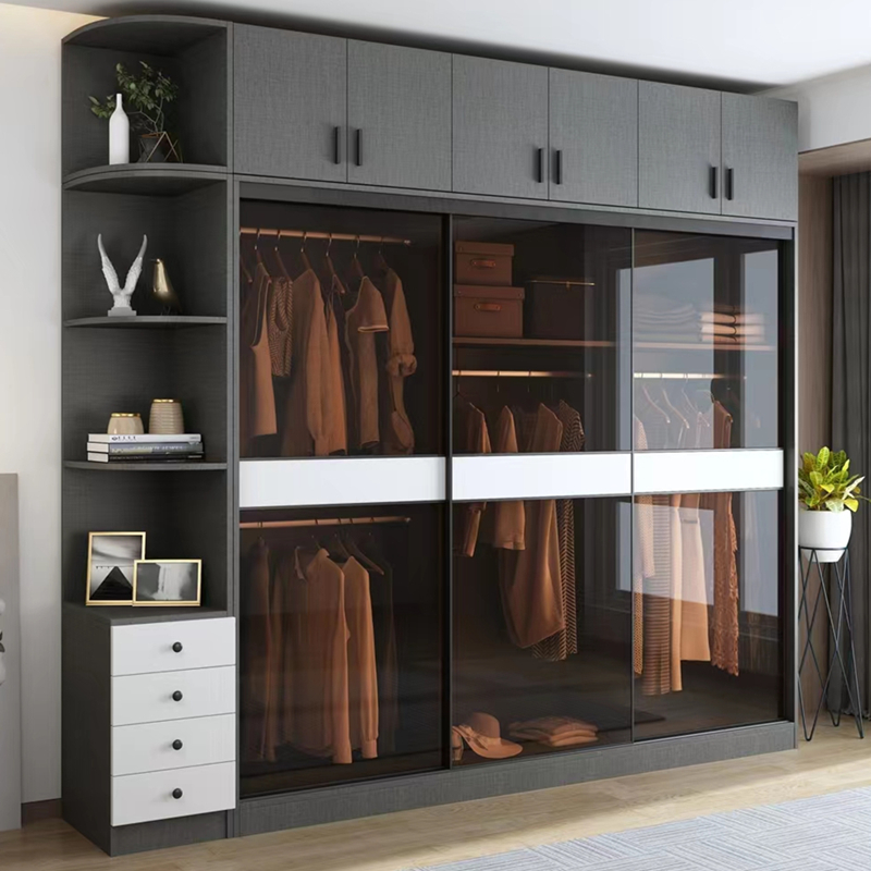 包安装现代简约衣橱实木环保长虹灰玻钢化玻璃移门推拉门厨房门