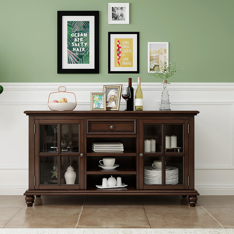 美式乡村餐边柜实木餐厅简约复古厨房碗柜多功能双门厨柜储物柜子