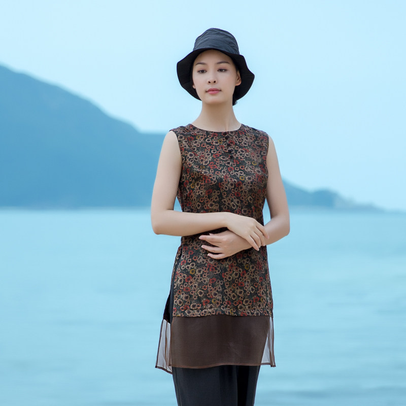 栖意原创设计女装 小菊花缎面香云纱拼接欧根纱无袖背心【回眸】