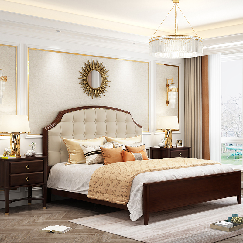 美式轻奢实木床 后现代真皮床双人床1.8米主卧室家具组合简美婚床
