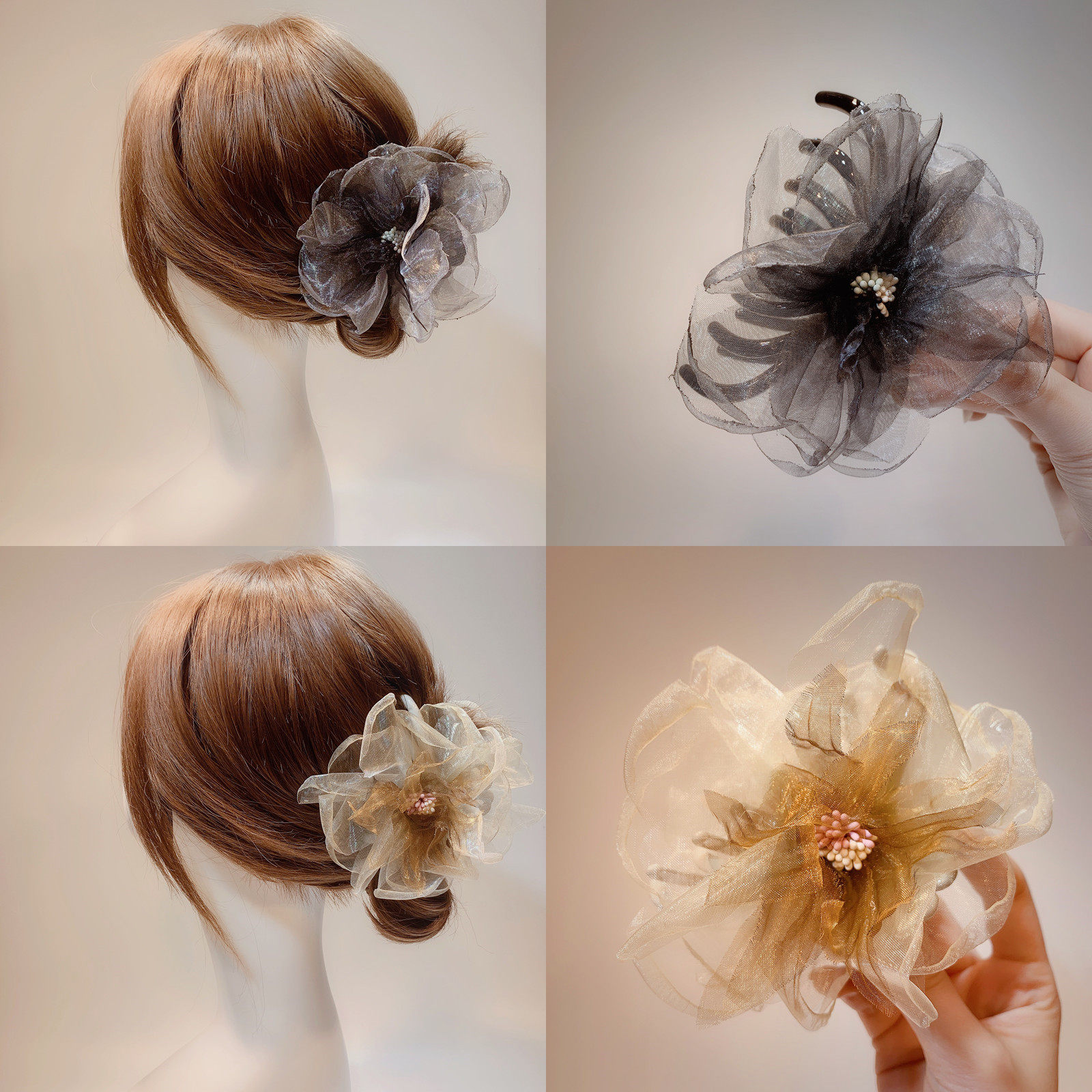 气质花朵韩国后脑勺蕾丝绢纱优雅手工抓夹发夹发饰
