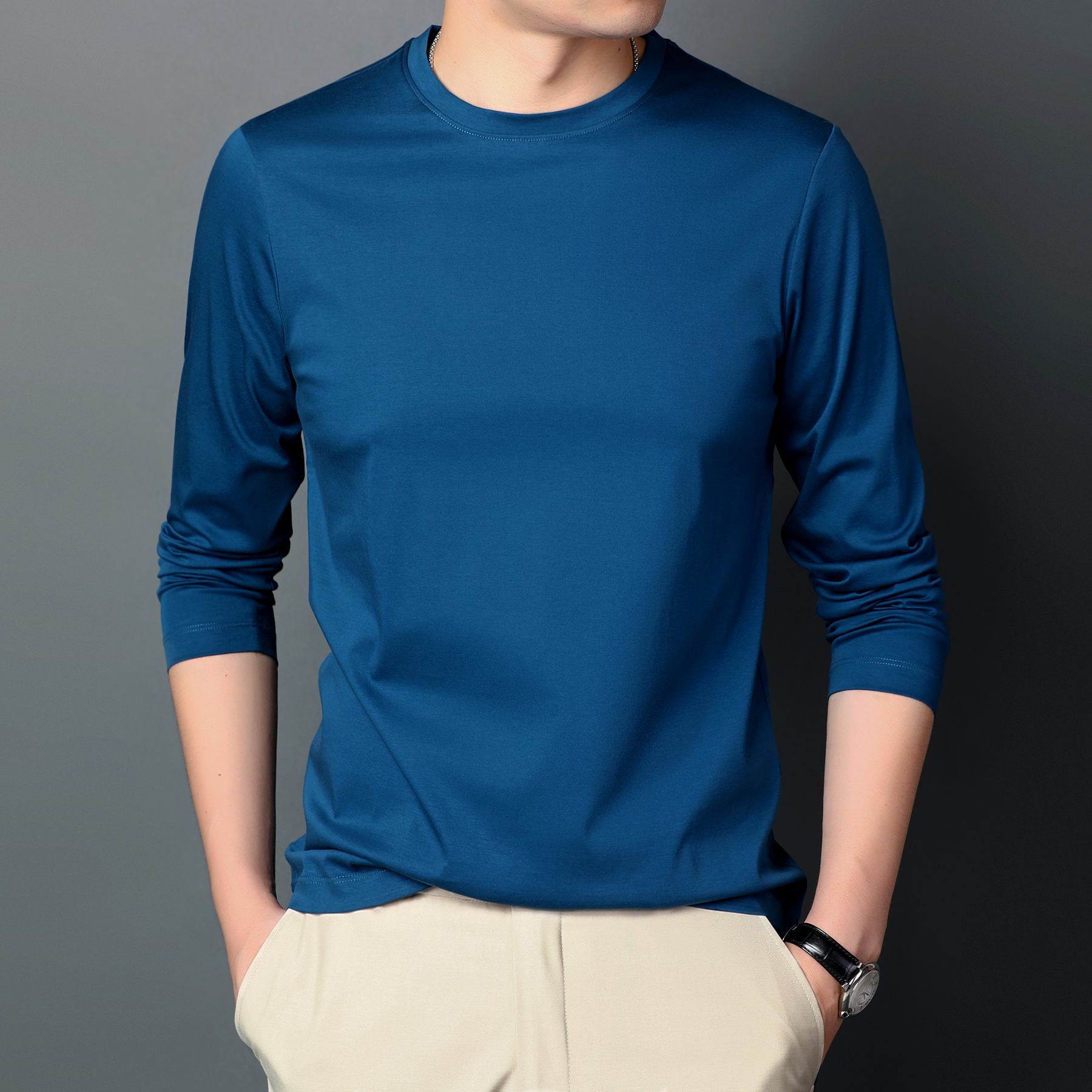 纯棉t恤男长袖春秋打底衫净色光版无领体桖100%双丝光棉纯白色t裇