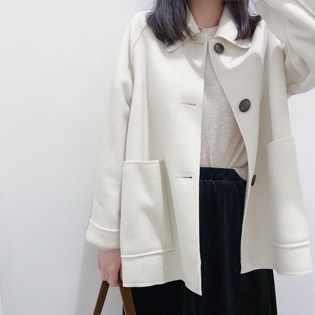 妍家冬季白色双面大衣气质小个子翻领短款呢子毛呢外套