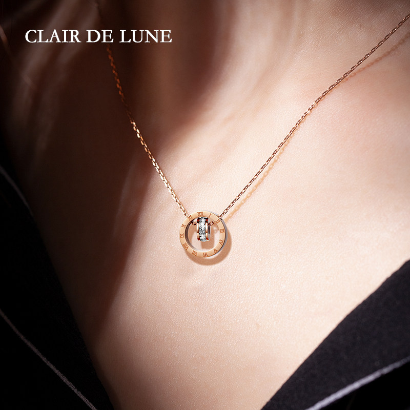 clairdelune晶钻玫瑰金色罗马数字法式女士项链