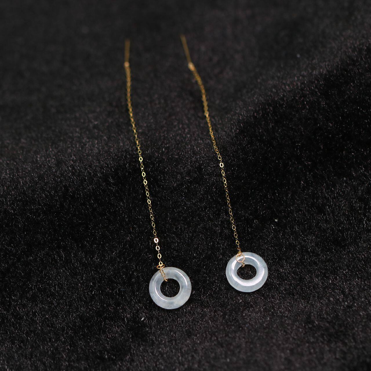 一对18k金耳线镶嵌老坑冰种天然翡翠小环耳坠耳饰