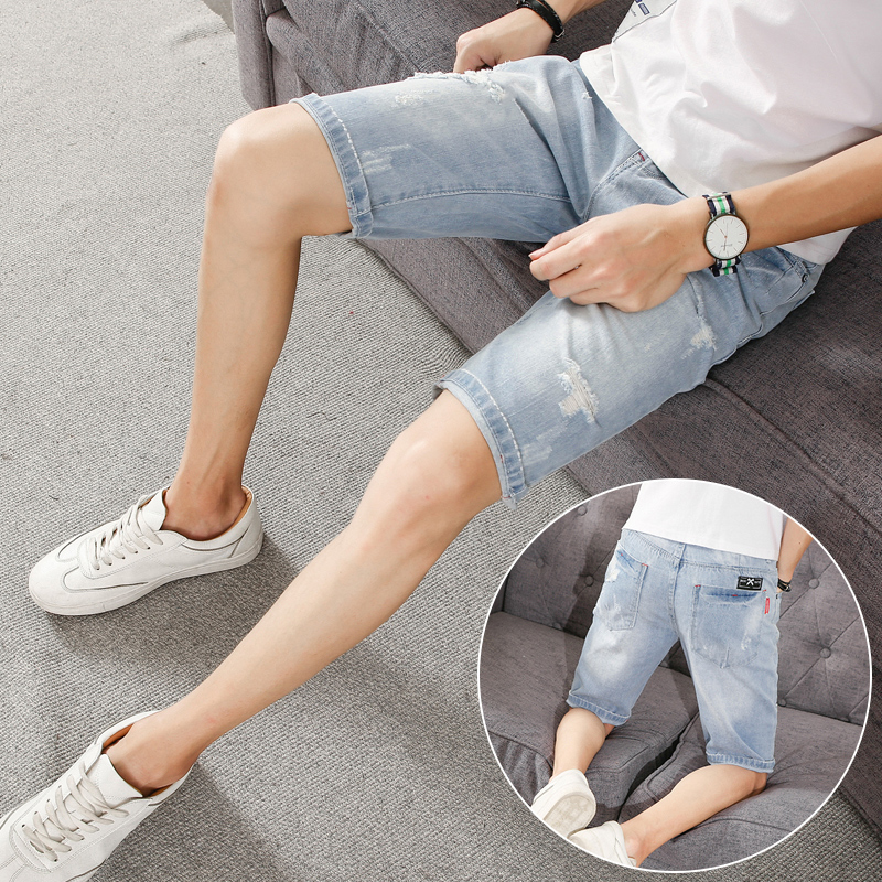 破洞牛仔短裤男士宽松直筒五分裤夏季薄款韩版潮流百搭休闲中裤男