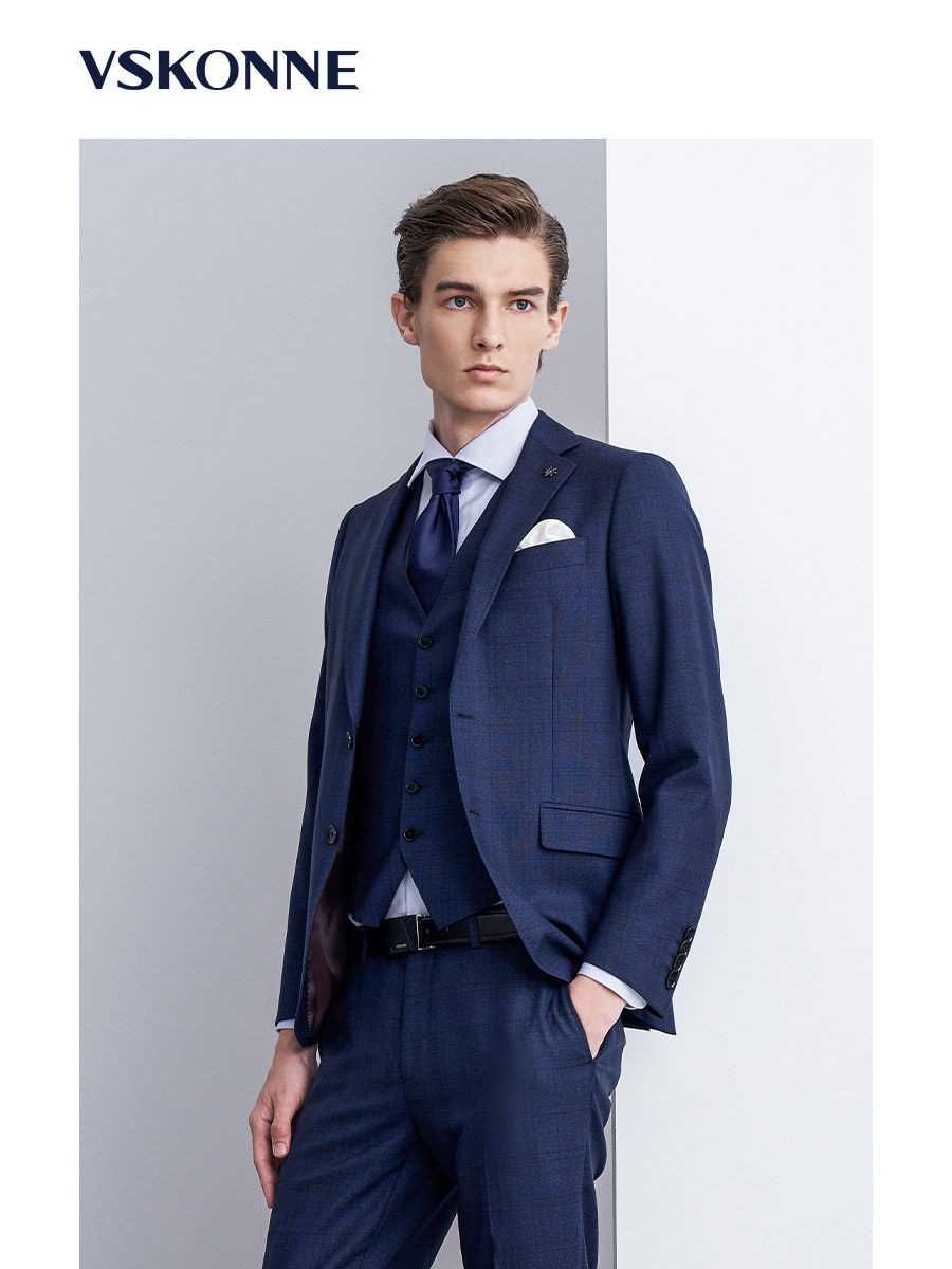 vskonne纯羊西装色格蓝色时尚羊毛100威斯面料西服