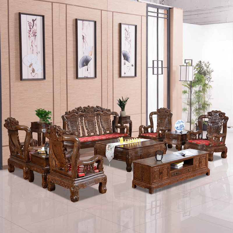 红木家具非洲鸡翅木中式沙发别墅客厅组合全实木雕花整装明清古典