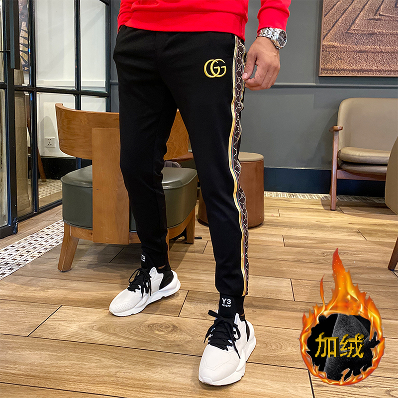 2021冬季欧货高品质重工双G刺绣弹力青年男士舒适松紧束脚休闲裤